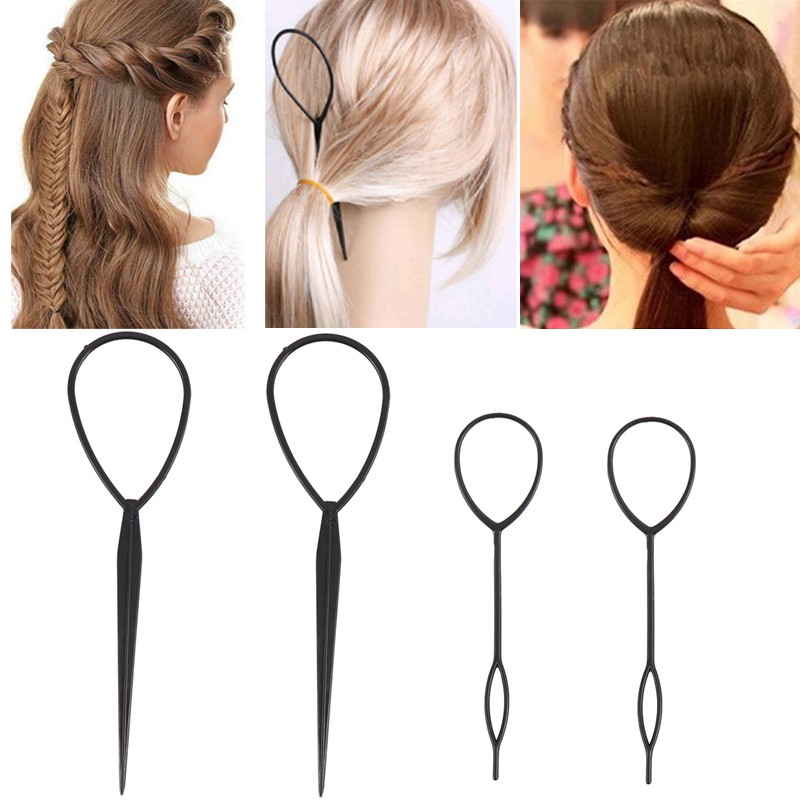 4pcs/set Black Plastic Hair Loop Styling Tool Magic Topsy Tail Hair Braid  Ponytail Styling Clip Bun Maker for Girls Hairstyles Maker Styling